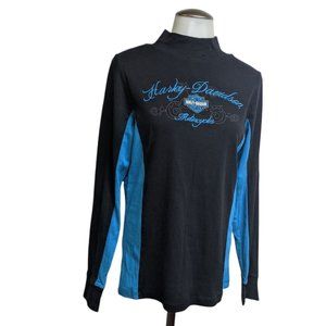 Harley-Davison Motorcycles NY Slim Fit Long Sleeve Mockneck Shirt Top Black/Blue